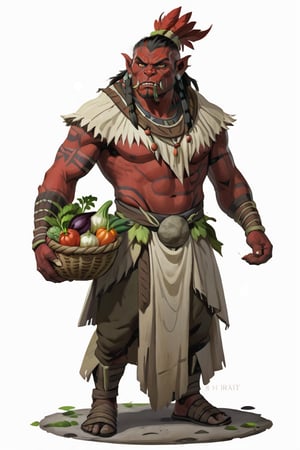 portrait of male red skin orc shaman holding vegetables in a basket with root standing on a round stone dirt pavement, (red skin:1.5), full shot (FS), ((full body with legs)), standing, looking straight, | (white background:1.2), simple background |, Cinematic lighting, ethereal light, pastel colors