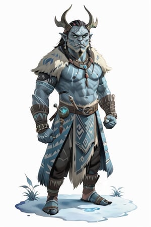 masterpiece of a scene depicting a male orc shaman standing on round grass pavement, ((((tribal tattoos)))), (frost ice blue medieval clothes))), inspired by Nordic folklore and Norse mythology, Frightening, Atmosphere magic, full shot (FS), ((full body with legs)), standing, looking straight, | (white background:1.2), simple background |, medieval, pastel muted colors, digital art, 8K resolution, ultra quality, Watercolor, trending on artstation, intricate details, highly detailed