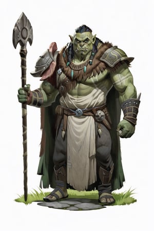 portrait of male orc shaman holding meat staff standing on grass on round stone pavement, full shot (FS), ((full body with legs)), standing, looking straight, | (white background:1.2), simple background |, medieval, pastel muted colors, digital art, 8K resolution, ultra quality, Watercolor, trending on artstation, intricate details, highly detailed