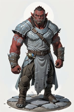 portrait of male pastel red skin orc warrior with frost clothes standing on a round stone dirt pavement, (red skin:1.5), full shot (FS), ((full body with legs)), standing, looking straight, | (white background:1.2), simple background |, Cinematic lighting, ethereal light, medieval, pastel muted colors, digital art, 8K resolution, ultra quality, trending on artstation, intricate details, highly detailed