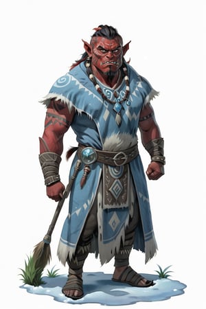 masterpiece of a scene depicting (red skin:1.5) a male orc shaman standing on round grass pavement, ((((tribal tattoos)))), (frost ice blue medieval clothes))), inspired by Nordic folklore and Norse mythology, Frightening, Atmosphere magic, full shot (FS), ((full body with legs)), standing, looking straight, | (white background:1.2), simple background |, medieval, pastel muted colors, digital art, 8K resolution, ultra quality, Watercolor, trending on artstation, intricate details, highly detailed