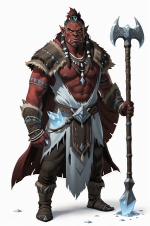 portrait of male red skin orc shaman holding frost pickaxe standing near frost diamonds in a sack, (red skin:1.5), full shot (FS), ((full body with legs)), standing, looking straight, | (white background:1.2), simple background |, Cinematic lighting, ethereal light