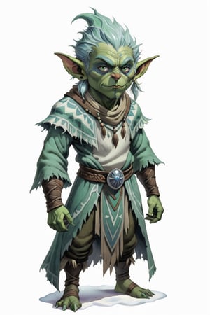 portrait of green skin goblin small short shaman with frost clothes, (green skin:1.5), full shot (FS), ((full body with legs)), standing, looking straight, | (white background:1.2), simple background |, medieval, pastel muted colors, digital art, 8K resolution, ultra quality, Watercolor, trending on artstation, intricate details, highly detailed