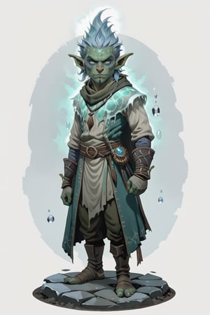 portrait of male green skin short goblin shaman mage with ice blue frost clothes standing on a round stone dirt pavement, short height, (green skin:1.5), full shot (FS), ((full body with legs)), standing, looking straight, | (white background:1.2), simple background |, Cinematic lighting, ethereal light, medieval, pastel muted colors, digital art, 8K resolution, ultra quality, trending on artstation, intricate details, highly detailed