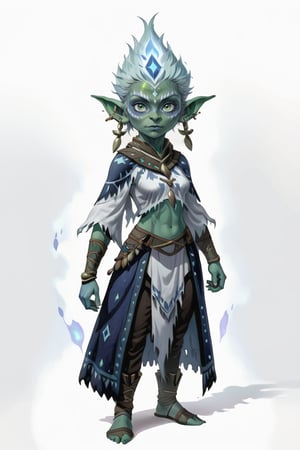 portrait of green skin short goblin female shaman with night blue frost clothes, (short height) (green skin:1.5), (frost aura:1.5), full shot (FS), ((full body with legs)), standing, looking straight, | (white background:1.2), simple background |, medieval, pastel muted colors, digital art, 8K resolution, ultra quality, Watercolor, trending on artstation, intricate details, highly detailed