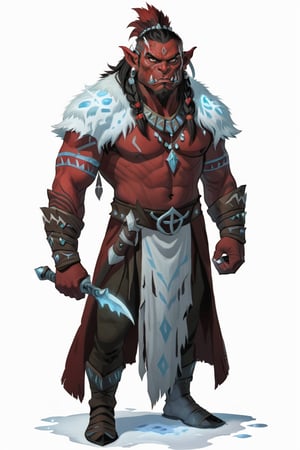 portrait of male red skin orc shaman holding frost short dagger, (red skin:1.5), full shot (FS), ((full body with legs)), standing, looking straight, | (white background:1.2), simple background |, Cinematic lighting, ethereal light