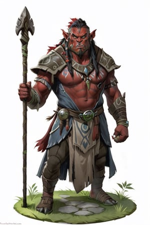 portrait of male red skin orc shaman holding staff standing on grass on round stone pavement, (red skin:1.5), full shot (FS), ((full body with legs)), standing, looking straight, | (white background:1.2), simple background |, medieval, pastel muted colors, digital art, 8K resolution, ultra quality, Watercolor, trending on artstation, intricate details, highly detailed