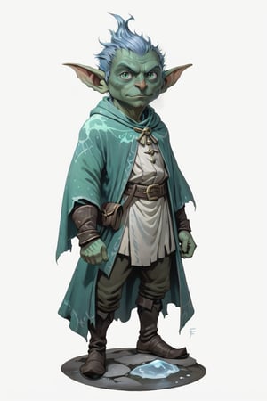 portrait of male green skin short goblin sorcerer with ice blue frost clothes standing on a round stone dirt pavement, short height, (green skin:1.5), full shot (FS), ((full body with legs)), standing, looking straight, | (white background:1.2), simple background |, Cinematic lighting, ethereal light, medieval, pastel muted colors, digital art, 8K resolution, ultra quality, trending on artstation, intricate details, highly detailed