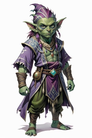 portrait of goblin small short shaman with purple magical arcane clothes, (green skin:1.5), full shot (FS), ((full body with legs)), standing, looking straight, | (white background:1.2), simple background |, medieval, pastel muted colors, digital art, 8K resolution, ultra quality, Watercolor, trending on artstation, intricate details, highly detailed