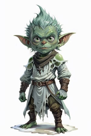 portrait of green skin goblin small baby with frost clothes, (green skin:1.5), full shot (FS), ((full body with legs)), standing, looking straight, | (white background:1.2), simple background |, medieval, pastel muted colors, digital art, 8K resolution, ultra quality, Watercolor, trending on artstation, intricate details, highly detailed