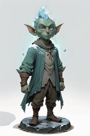 portrait of male green skin short goblin villager with ice blue frost clothes standing on a round stone dirt pavement, short height, (green skin:1.5), full shot (FS), ((full body with legs)), standing, looking straight, | (white background:1.2), simple background |, Cinematic lighting, ethereal light, medieval, pastel muted colors, digital art, 8K resolution, ultra quality, trending on artstation, intricate details, highly detailed