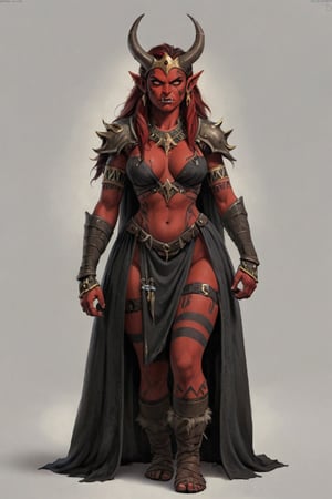 masterpiece of a scene depicting a gothic curvy red skin orc queen with tusks with gold crown, ((((tribal tattoos)))), , goblin ears, glowing eyes. (((sexy lethear medieval clothes))), inspired by Nordic folklore and Norse mythology, Frightening, Atmosphere magic.. ((((red skin body. )))) full shot (FS), ((full body with legs)), standing, looking straight, | (white background:1.2), simple background |, medieval, pastel muted colors, digital art, 8K resolution, ultra quality, Watercolor, trending on artstation, intricate details, highly detailed