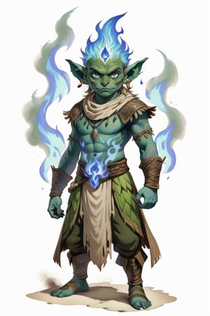 portrait of goblin small short shaman with burning blue fire clothes, (green skin:1.5), full shot (FS), ((full body with legs)), standing, looking straight, | (white background:1.2), simple background |, medieval, pastel muted colors, digital art, 8K resolution, ultra quality, Watercolor, trending on artstation, intricate details, highly detailed