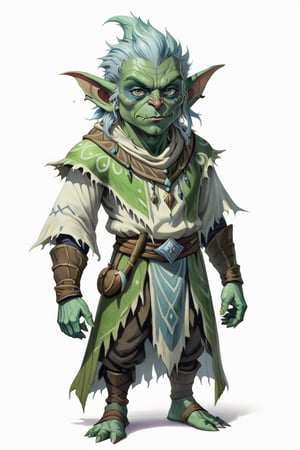 portrait of green skin goblin small short shaman with frost clothes, (green skin:1.5), full shot (FS), ((full body with legs)), standing, looking straight, | (white background:1.2), simple background |, medieval, pastel muted colors, digital art, 8K resolution, ultra quality, Watercolor, trending on artstation, intricate details, highly detailed