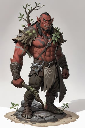 portrait of male pastel red skin orc berserker holding roots standing on a round stone dirt pavement, (red skin:1.5), full shot (FS), ((full body with legs)), standing, looking straight, | (white background:1.2), simple background |, Cinematic lighting, ethereal light, medieval, pastel muted colors, digital art, 8K resolution, ultra quality, trending on artstation, intricate details, highly detailed