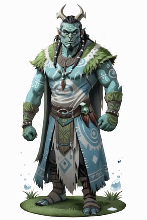 masterpiece of a scene depicting (green skin:1.5) a male orc shaman standing on round grass pavement, ((((tribal tattoos)))), (frost ice blue medieval clothes))), inspired by Nordic folklore and Norse mythology, Frightening, Atmosphere magic, full shot (FS), ((full body with legs)), standing, looking straight, | (white background:1.2), simple background |, medieval, pastel muted colors, digital art, 8K resolution, ultra quality, Watercolor, trending on artstation, intricate details, highly detailed