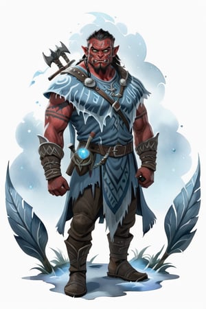 masterpiece of a scene depicting (red skin:1.5) a male orc miner standing on round grass pavement, ((((tribal tattoos)))), (frost ice blue medieval clothes))), inspired by Nordic folklore and Norse mythology, Frightening, Atmosphere magic, full shot (FS), ((full body with legs)), standing, looking straight, | (white background:1.2), simple background |, medieval, pastel muted colors, digital art, 8K resolution, ultra quality, Watercolor, trending on artstation, intricate details, highly detailed