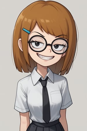 (score_9, score_8, score_7, masterpiece, best, quality, source_anime, highly detailed, (1girl, solo), ((Jackie_wackerman), brown hair, medium hair, black eyes, hairclip, glasses), (school uniform, collared shirt, white shirt, short sleeves,  black necktie, black skirt, black legwear, loafers), evil smile, grin, looking at viewer),SFW