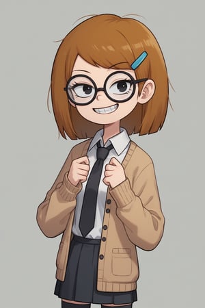 (score_9, score_8, score_7, masterpiece, best, quality, source_anime, highly detailed, (1girl, solo), ((Jackie_wackerman), brown hair, medium hair, black eyes, hairclip, glasses), (school uniform, cardigan, beige cardigan, open cardigan, collared shirt, white shirt, black necktie, black skirt, black legwear), evil smile, grin, looking at viewer, standing),SFW