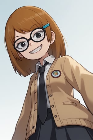 (score_9, score_8, score_7, masterpiece, best, quality, source_anime, highly detailed, (1girl, solo), ((Jackie_wackerman), brown hair, medium hair, black eyes, hairclip, glasses), (school uniform, cardigan, beige cardigan, open cardigan, collared shirt, white shirt, black necktie, black skirt, black legwear, loafers), evil smile, grin, looking at viewer, from below),SFW