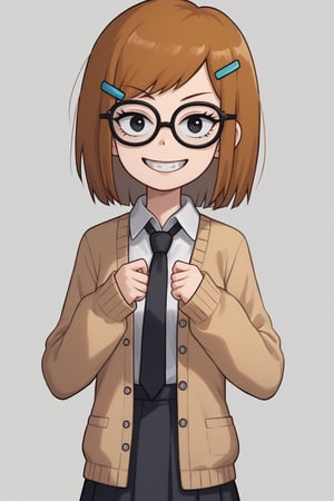 (score_9, score_8, score_7, masterpiece, best, quality, source_anime, highly detailed, (1girl,  solo), ((Jackie_wackerman), brown hair, medium hair, black eyes, hairclip, glasses), (school uniform, cardigan, beige cardigan, open cardigan, collared shirt, white shirt, black necktie, (black skirt), black legwear, loafers), evil smile, grin, looking at viewer, in the school),SFW