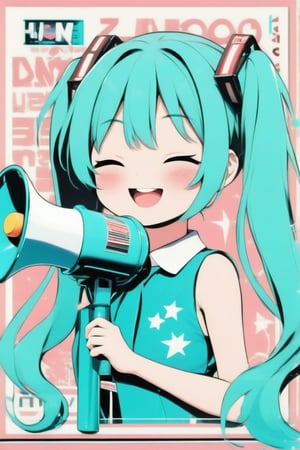 kawaii, 1girl, looking at viewer, hatsune miku holding megaphone, closed eyes, happy, poster, revd, retro visual design