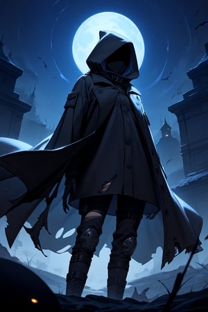 score_9, score_8_up, score_7_up, creature, hood up, black trench coat, cloak, faceless, torn clothes, black fog, night sky, dark