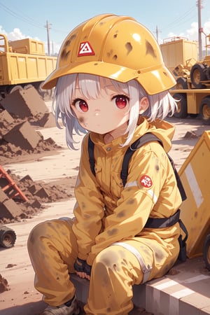 score_9, score_8_up, score_7_up,
1girl, red eyes, white hair, wearing yellow safety helmet, jumpsuit, outdoors, construction, sitting, looking at viewer, dirty clothes