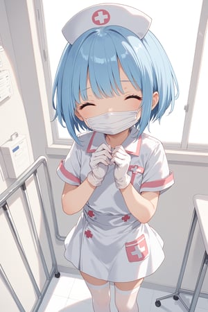 score_9, score_8_up, score_7_up, 1girl, solo, bangs, looking at viewer, short hair, gloves, hat, blue hair, standing, short sleeves, white gloves, white thighhighs, mask, white headwear, nurse cap, mouth mask, nurse, surgical mask, white mask, dynamic angle, indoors, happy, closed eyes, shy