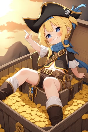 1girl, fantasy, tareme, blonde hair, long hair, blue eyes, grin, pirates costume, corsair, leather shorts, pirate hat, bandana, (sitting on treasure chest:1.2), (many gold coins:1.2), from below, spread legs