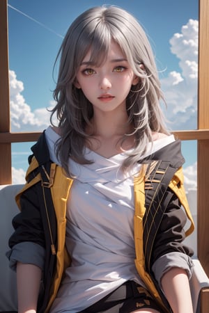 Masterpiece, best quality, 1girl, blue sky, cloud trail, looking at viewer, steldef, closed mouth, silver hair, yellow eyes