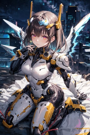 1girl,purple black mecha armor,glowing effect,mecha armor,night sky,looking at viewer,mecha headgear,glowing eyes,neon city,from above, soft smile,magallan,wariza,hand up,mecha wings,close view,center