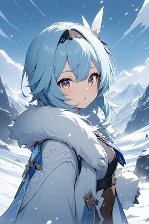 masterpiece, best quality, 1girl, eula \(genshin impact\), snow storm, outdoors, looking at viewer, dynamic view, upper body, fur cape, fur jacket, mountains