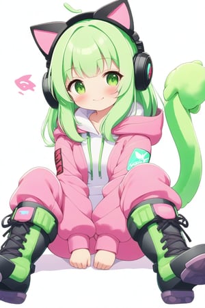 kawaii, 1girl, solo, looking at viewer, blush, smile, long sleeves, sitting, jacket, full body, boots, green hair, puffy sleeves, hood, open jacket, cat tail, sleeves past wrists, bodysuit, fake animal ears, headphones, hood down, hooded jacket, pink jacket, shoe soles, animal ear headphones, long pants