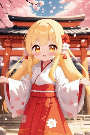 kawaii, 1girl, blonde, long hair, orange eyes, cute, red white hakama, open arms, :o, outdoors, temple, cherry blossom