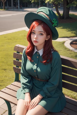 girl wearing st patrick dress and hat, st. patrick hat, looking up, looking at viewer, sitting in bench park, from above, clover, red hair, photorealistic