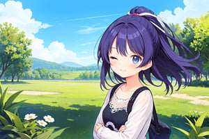 masterpiece, best quality, 1girl, looking at viewer, grass, blue sky, one eye closed, smile, Rinka