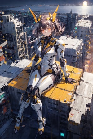 1girl,purple black mecha armor,glowing effect,mecha armor,night sky,looking at viewer,mecha headgear,glowing eyes,neon city,from above, soft smile,magallan,sitting