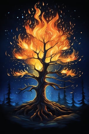 drk, tree on fire, night, illustration