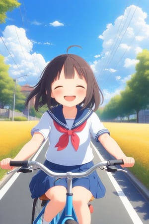 1girl, meadow, upper body shot, cute school girl riding a bicycle through the street, sunny and cloudy blue sky, she is happy closed eyes, anime