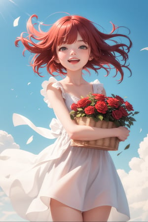 masterpiece, best quality, red hair, white sundress, happy, hugging basket of red rose, blue sky, hair blowing wind, looking at viewer
