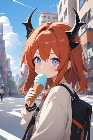 masterpiece, best quality, 1girl, surtr arknights, casual outfit, eating ice cream, cute, city, blue sky, looking at viewer