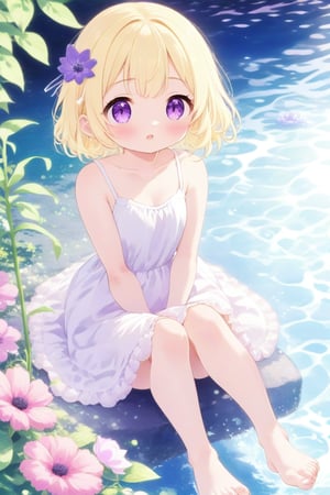 kawaii, 1girl, solo, looking at viewer, blush, short hair, bangs, blonde hair, dress, bow, bare shoulders, sitting, purple eyes, collarbone, full body, braid, flower, hair bow, frills, parted lips, barefoot, sleeveless, water, white dress, :o, feet, bare arms, bare legs, sleeveless dress, soles, frilled dress, white bow, lily pad, from above