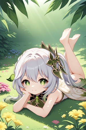 score_9, score_8_up, score_7_up, 
BREAK
1girl, solo, closed mouth, flowers, greenery, outdoors, dappled sunlight, full body, lying, on stomach, head rest, looking at viewer, smile, side ponytail, Nahida_(Genshin_Impact) 