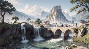 (masterpiece, best quality, highres, ultra detailed, detailed background:1.2),Disney style,64k, ultra-detailed, ultra-accurate detail, bokeh lighting, near perfect, dynamic, highly detailed,pure background,Chinese landscape painting style, small bridge, flowing water,pastelbg