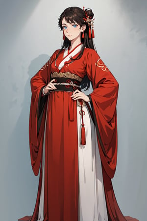 (Masterpiece), (Best quality: 1.0), (Super high confidence: 1.0), Detailed description, 8K, Hanfu,gray background, standing pose, full body in the camera, front, 1 girl, wearing a red dress, Pretty face, detailed face, pretty eyes, detailed face, bright red lips, red lipstick, beautiful stylish hair, head bangs style, best quality, vibrant, illustration,