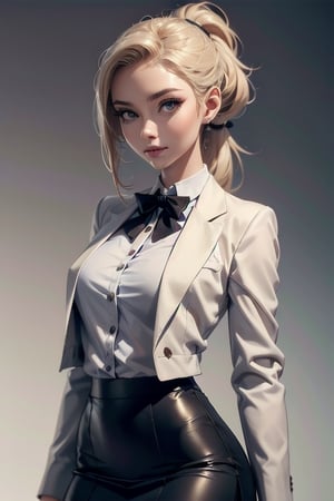 
A beautiful young woman wearing a classy short skirt suit with a confident expression, her hair tied in a ponytail, she looks like a teacher, solid color background, highly detailed, perfect masterpiece, professional lighting, intricate details, and finally Good quality, perfect details, super sharp focus,