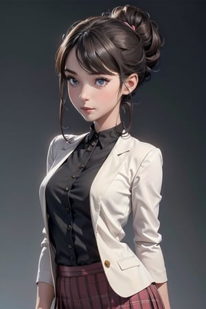 A beautiful young woman wearing a classy short skirt suit with a confident expression, her hair tied in a ponytail, she looks like a teacher, solid color background, highly detailed, perfect masterpiece, professional lighting, intricate details, and finally Good quality, perfect details, super sharp focus, full body shot