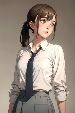 A beautiful young woman wearing a classy short skirt suit with a confident expression, her hair tied in a ponytail, she looks like a teacher, solid color background, highly detailed, perfect masterpiece, professional lighting, intricate details, and finally Good quality, perfect details, super sharp focus, full body shot,kitagawa marin sb