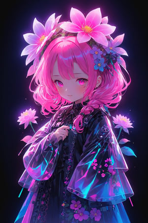 masterpiece, centered, a cute girl with flowers in her hair, an anime drawing, featured on pixiv, gothic art, neon blacklight color scheme, multicolored art, shiny colors, beautiful female android, pink image, antialiased, living flora, colorful! character design